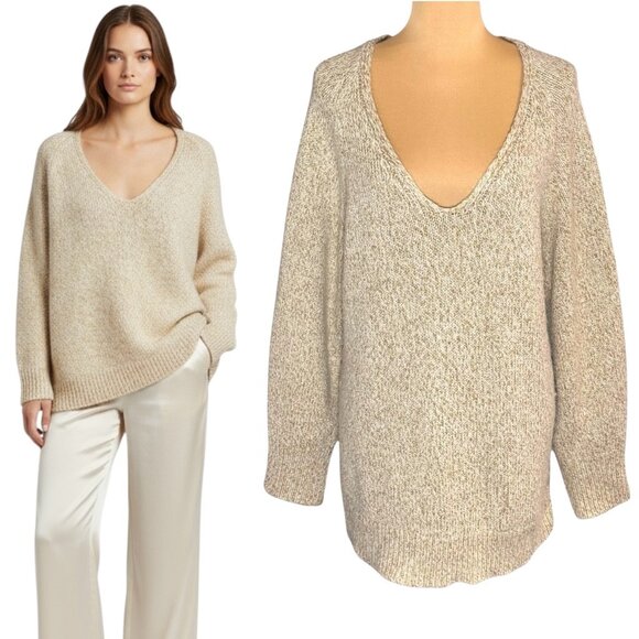 Massimo Dutti Alpaca Blend Sweater Sz L Cream Gold Thread V-Neck Metallic Chic - Picture 1 of 15